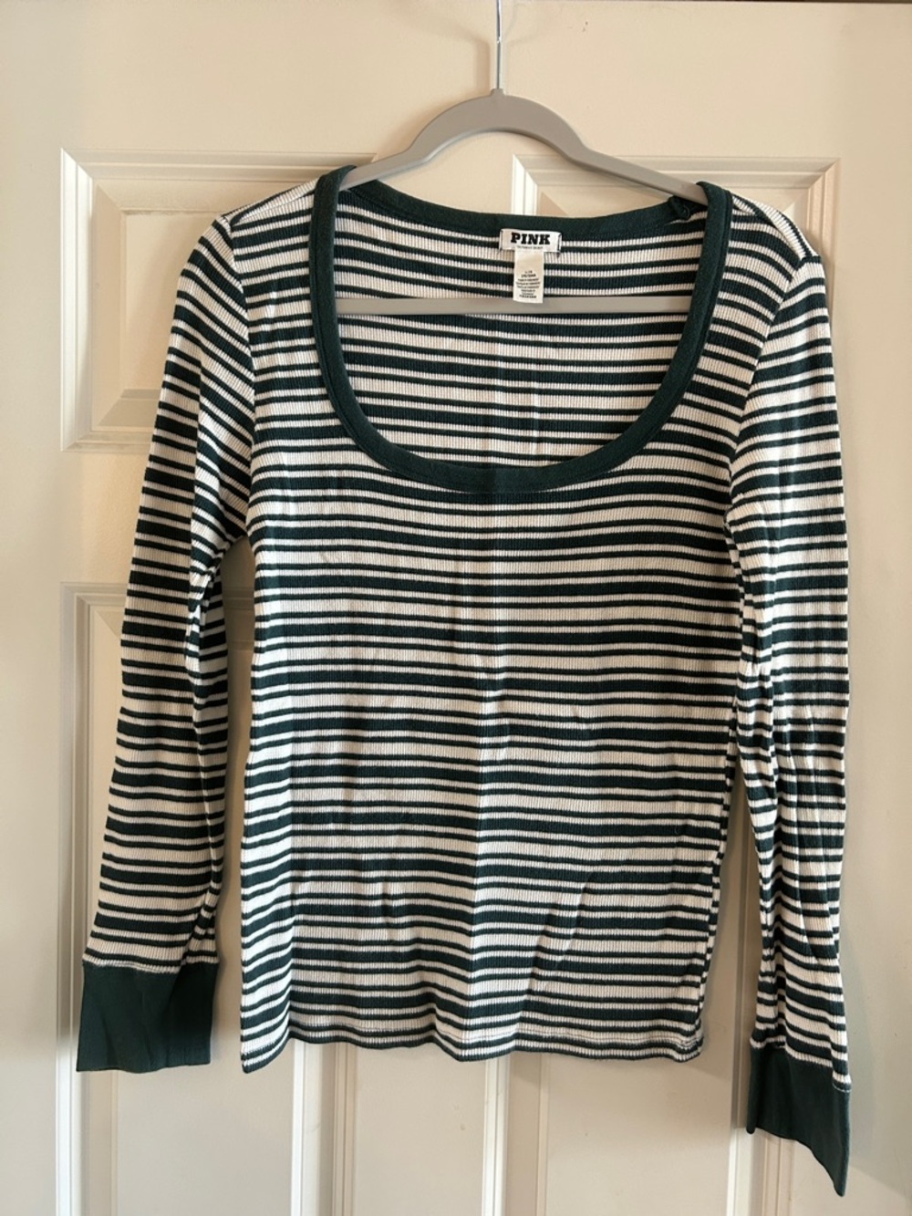PINK Victoria's Secret Green and White Striped Long Sleeve Top size L